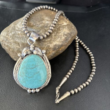 Navajo Blue Turquoise #8 Pendant Necklace | Sterling Silver | Authentic Native American Handmade | 14311