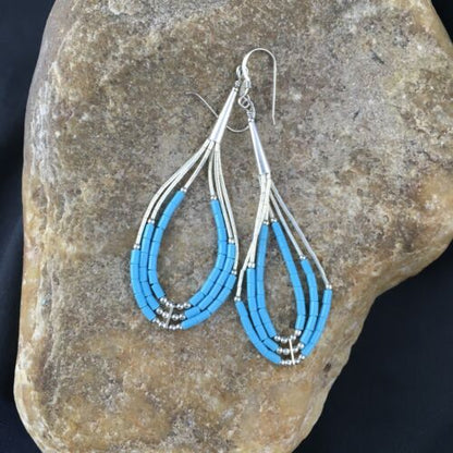 Native American Turquoise Heishi Tube Dangle Earrings | Sterling Silver | 2" | 8875
