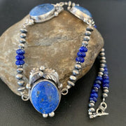 Navajo Pearls Necklace with 3 Stone Blue Denim Lapis Pendant | Sterling Silver | Native American Handmade | 10822