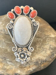 Navajo Sterling Silver Turquoise #8 Orange Spiny Oyster Ring | Authentic Native American Multi-Stone | Sz 6 | 11660