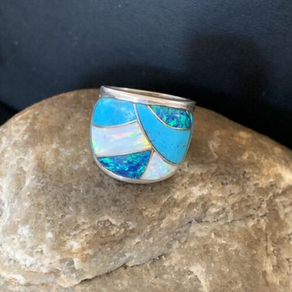 Navajo Blue Turquoise Opal Inlay Band | Sz 5 | Authentic Native American Handmade Men's Pinky Ring | 12858