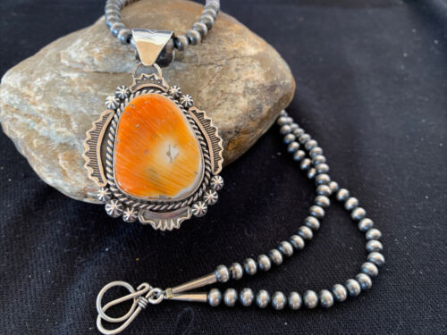 Navajo Orange Spiny Oyster Pendant Necklace | Sterling Silver Pearls | Authentic Native American Handmade | 00777