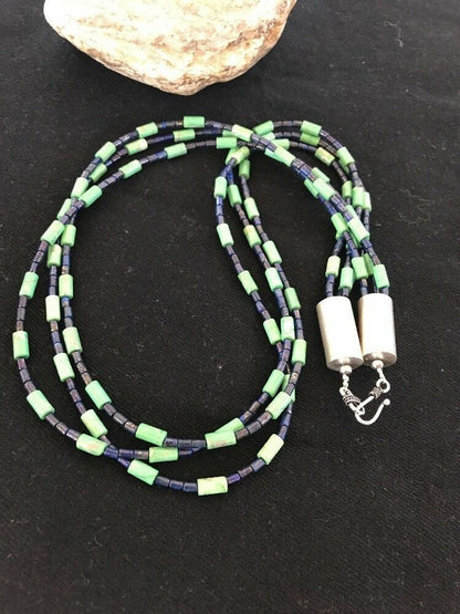Navajo Tube Beads Lapis Turquoise Necklace | Sterling Silver | Authentic Native American Handmade | 3260