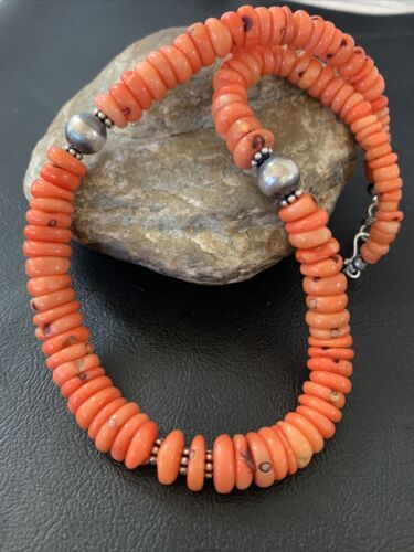Native American Pink Coral Navajo Bead Necklace | Sterling Silver | 18" | 01951