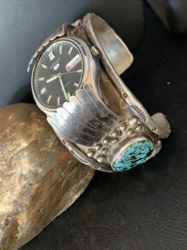 Navajo Sterling Silver Bracelet with Blue Kingman Turquoise | Men's Automatic Seiko Watch Cuff | Authentic Native American Jewelry | 12168