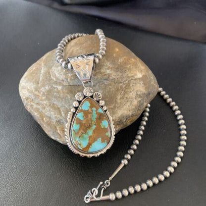 Navajo Pearls Necklace with Blue Royston Turquoise Pendant | Sterling Silver | Native American Handmade | 10764