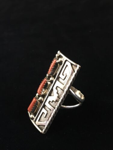 Navajo Red Coral Ring | Sterling Silver | Sz 9 | Authentic Native American Multi-Stone | 10092