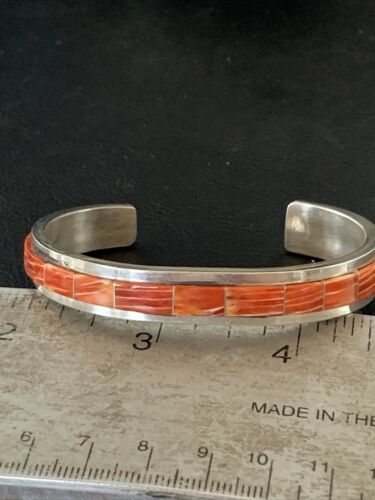 Navajo Native American Red Spiny Oyster Inlay Bracelet | Sterling Silver | Authentic Handmade | 1166