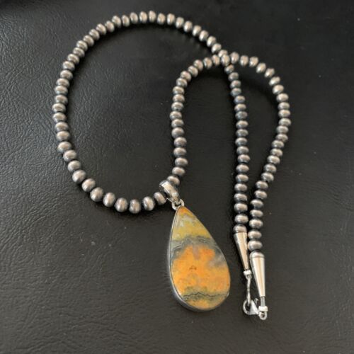 Navajo Yellow Bumblebee Jasper Pendant Necklace | Sterling Silver | Authentic Native American Handmade | 12807