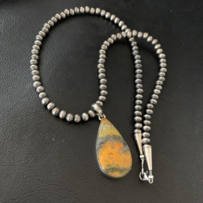 Navajo Yellow Bumblebee Jasper Pendant Necklace | Sterling Silver | Authentic Native American Handmade | 12807