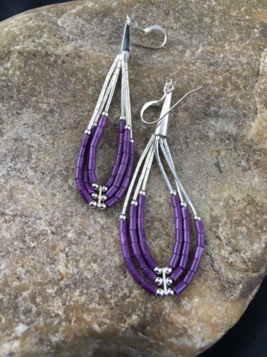 Handmade Liquid Silver Heishi Tube Beads Sugilite Earrings | Sterling Silver | 2" | 1985