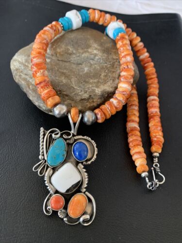 Navajo White Buffalo, Blue Turquoise Spiny Oyster Multi-Stone Pendant | Authentic Native American Sterling Silver | Multi-Stone | 02188