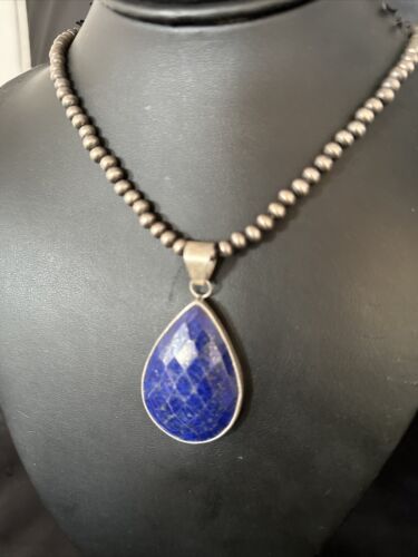 Men's Navajo Pearls Necklace with Faceted Lapis Pendant | Sterling Silver | Authentic Native American Handmade | 14468