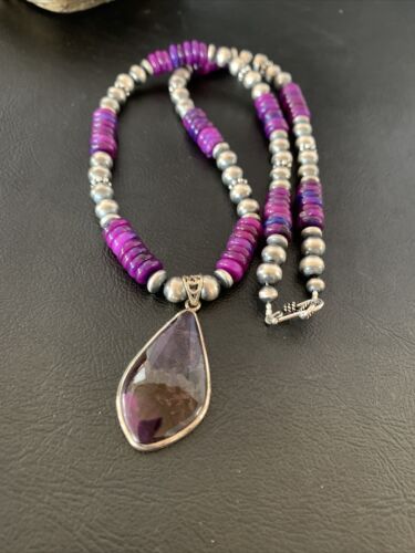 Navajo Purple Sugilite Pendant Necklace | Sterling Silver Pearls | Authentic Native American Handmade | 10330