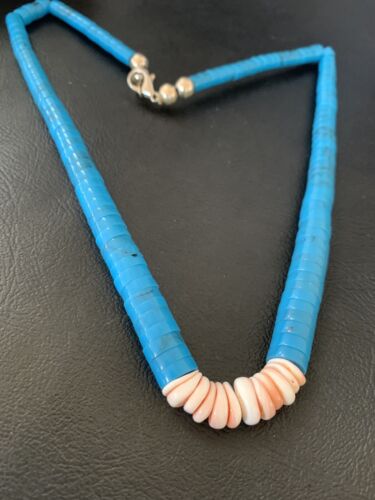 Southwestern Santo Domingo Spiny Oyster & Blue Turquoise Graduated Necklace | Authentic Native American | 19" | 12526