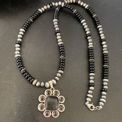 Navajo Pearl Necklace Pendant | Authentic Native American Sterling Silver Black Onyx | Multi-Stone | 22" | 12270