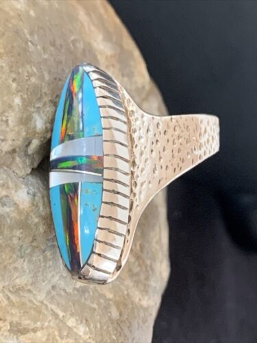 Multi-Color Opal & Turquoise Inlay Ring | Sterling Silver | Sz 8.5 | 01468
