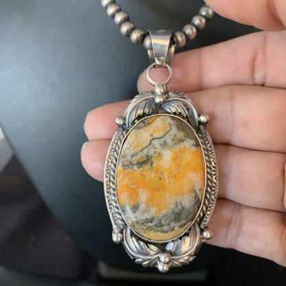 Navajo Bumblebee Jasper Pendant Necklace | Sterling Silver | Authentic Native American Handmade | 14200