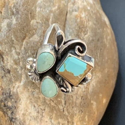 Navajo Men's Sterling Silver Ring | Blue Turquoise #8 Multi-Stone | Sz 10 | Native American Handmade | 2167