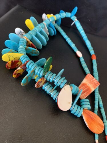 Native American Santo Domingo Spiny Turquoise Necklace | 40" | Sterling Silver | 12066 - Masha USA