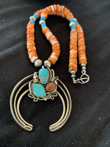Navajo Turquoise & Spiny Oyster Naja Pendant Necklace | Sterling Silver Navajo Pearls | 1020