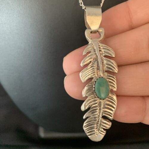 Navajo Green Turquoise Feather Pendant Necklace | Sterling Silver | 16" | Authentic Native American Handmade | 13685