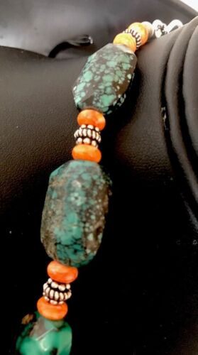 Navajo Green Turquoise Spiny Oyster Bead Necklace | Sterling Silver | Southwestern Handmade | 22" | 3221