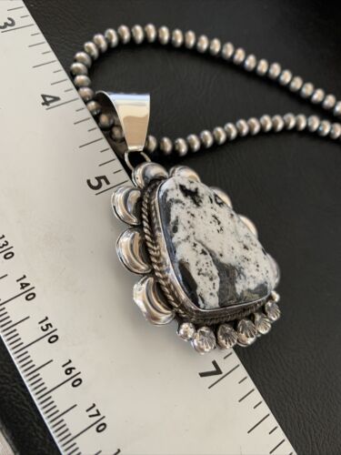 Navajo White Buffalo Turquoise Pendant | Sterling Silver | Authentic Native American Handmade | 11686