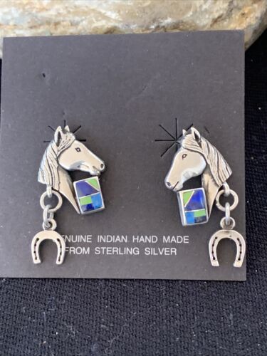 Navajo Blue Lapis & Turquoise Horse Inlay Earrings | Sterling Silver | 1" | Authentic Native American Handmade | 1514