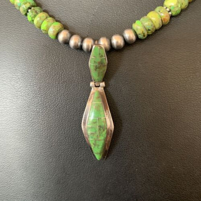 Navajo Green Gaspeite Turquoise Inlay Pendant | Sterling Silver | Authentic Native American Handmade | 13267