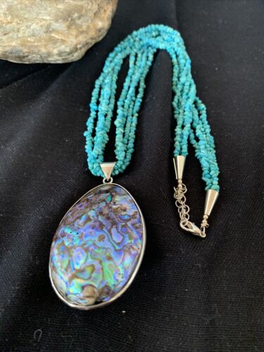 Navajo Sterling Blue Turquoise 4 Strand Necklace | Pava Shell Pendant | 19" Multi-Strand | Southwestern | 00890