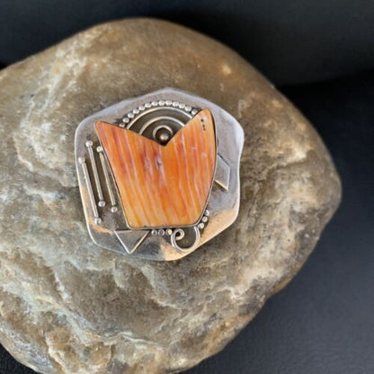 Southwestern Navajo Handmade Pin | Sterling Silver | Orange Spiny Oyster | Authentic Native American | 13716