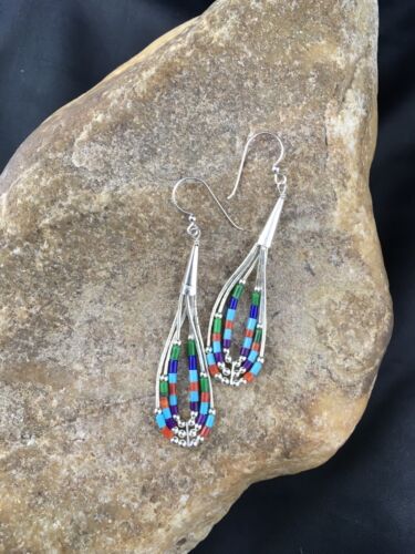Handmade Liquid Silver Heishi Dangle Earrings | Turquoise Coral | Sterling Silver | 2" | 2009