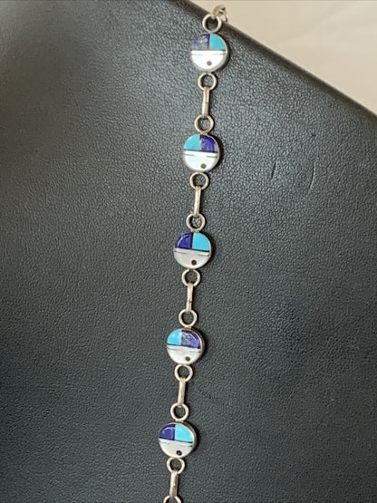 Navajo Blue Turquoise Lapis Inlay Link Bracelet | Sterling Silver | 8" | Authentic Native American Handmade | 1454