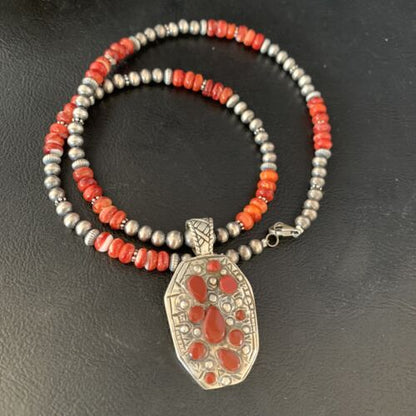 Navajo Red Coral & Spiny Oyster Necklace | Sterling Silver Bead | Authentic Native American Handmade | 13735