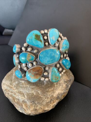 Men's Navajo Blue Royston Turquoise Cuff Bracelet | Sterling Silver | Authentic Native American Handmade | 1070