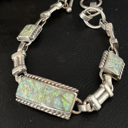 Navajo White Opal Inlay Link Bracelet | Sterling Silver | 8" | Authentic Native American Handmade | 14259