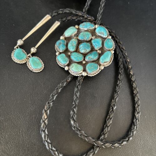 Men's Bolo Tie | Cluster Blue Kingman Turquoise | Sterling Silver | Navajo | Authentic Native American Handmade | 14524