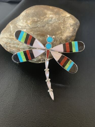 Zuni Coral Turquoise Inlay Dragonfly Necklace Pin Pendant | Sterling Silver | Native American Handmade | 11891