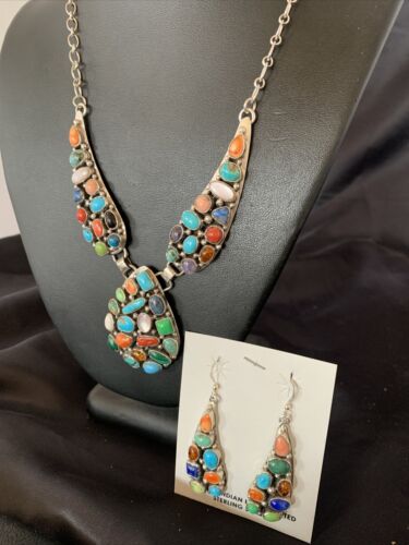 Navajo Multi-Color Turquoise Spiny Necklace & Earring Set | Sterling Silver | 2105