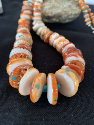 Authentic Navajo Orange Spiny Oyster & Turquoise Necklace | Sterling Silver | 22" | 194