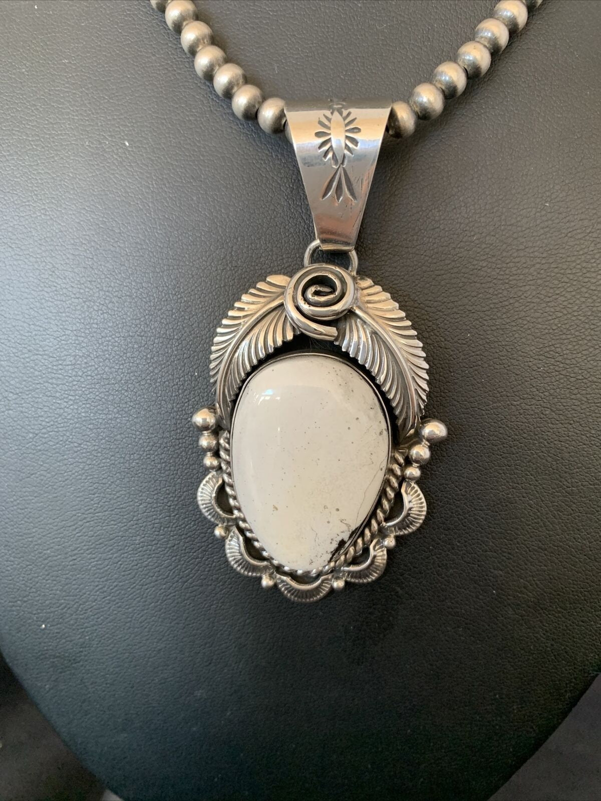Navajo Pearls | Sterling Silver White Buffalo Turquoise Necklace Pendant 10943