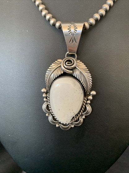 Navajo Pearls | Sterling Silver White Buffalo Turquoise Necklace Pendant 10943