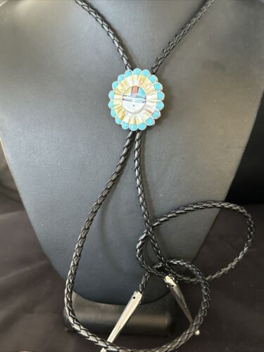 Men's Bolo Tie | Zuni Sunface Mother of Pearl Coral Turquoise Inlay | Sterling Silver | 14755