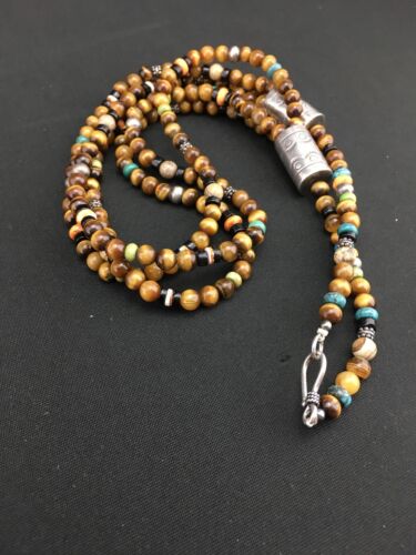 Navajo Sterling Necklace | Tiger's Eye & Turquoise | Multi-Color 3 Strand | 18" | 4892