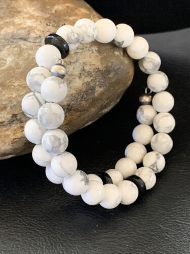 Navajo Memory Wire Bracelet | Stainless Steel | Howlite & Onyx Beads | Sterling Silver | 01956