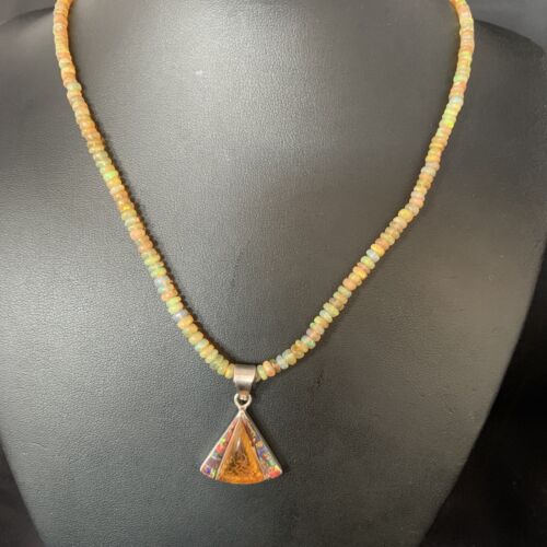 Navajo Yellow Opal Amber Inlay Pendant | Sterling Silver Necklace | Authentic Native American Handmade | 13417