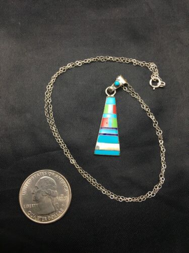Navajo Turquoise & Coral Inlay Pendant | Sterling Silver Chain | Authentic Native American Handmade | 4437