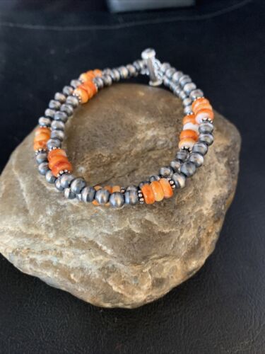 Navajo Pearls Sterling Silver Orange Spiny Oyster Bead Bracelet | 7.5" | Authentic Native American Handmade | 13801