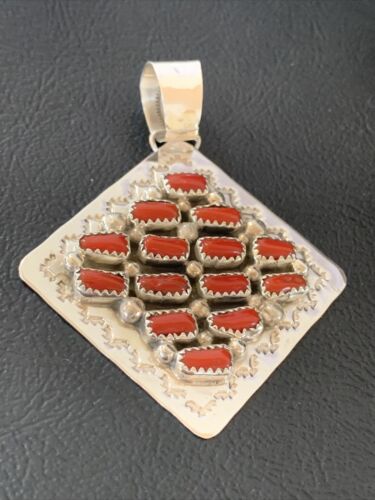 Navajo Red Coral and Multi-Stone Cluster Pendant | Authentic Native American Sterling Silver | 2" | 2101